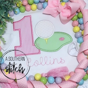 Girl Hole in One Party | First Birthday | Golf Birthday Applique | Custom Birthday Shirt | Birthday Shirt | Pink Golf Balls | Seersucker