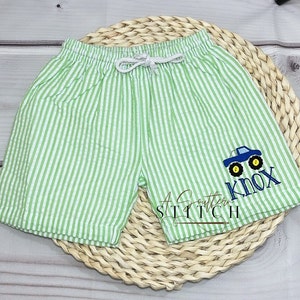 Monogrammed Monster Truck Swim Trunks | Toddler Boy Seersucker Swim Trunks | Embroidery | Summer | Monogram