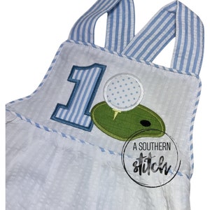 Hole in One Birthday Seersucker Sunsuit | Golf First Birthday Applique | Custom Birthday Sunsuit