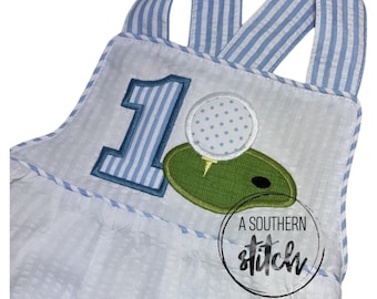 Hole in One Birthday Seersucker Sunsuit | Golf First Birthday Applique | Custom Birthday Sunsuit