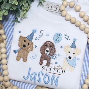 Puppy Trio Party Birthday Shirt | Pup Sketch + Balloons | Boy Puppy Party
