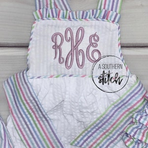 Monogrammed Rainbow Sunsuit | Embroidered Sunsuit | White Seersucker Sunsuit