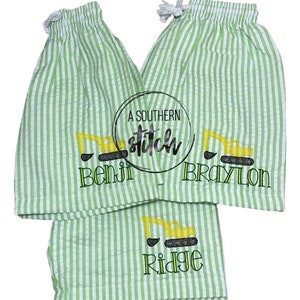 Monogrammed Swim Trunks | Toddler Boy Seersucker Swim Trunks | Excavator | Embroidery | Summer | Monogram