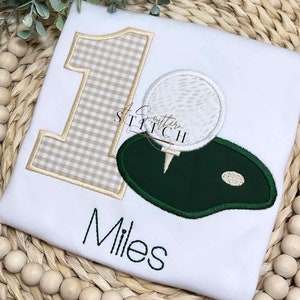 Tan Gingham Hole in One Party | First Birthday | Golf Birthday Applique | Custom Birthday Shirt | Birthday Shirt