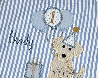 Welpe Pawty Seersucker Bubble | Welpen-Geburtstags-Party | Luftballons | Vintage Welpe | Applikation
