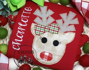 Girl Simple Reindeer Applique / Girl Reindeer Christmas Shirt / Holiday Shirt / Christmas Applique