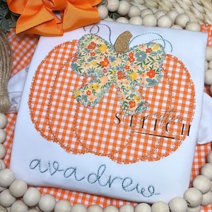 Orange Gingham Pumpkin with Bow Pumpkin Appliqué | Fall Shirt  | Girl Pumpkin Appliqué Shirt
