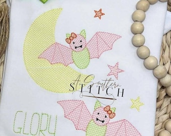 Halloween Kürbisse und Fledermäuse Shirt | Halloween gesticktes Hemd | Gruseliges Mädchen Halloween Shirt