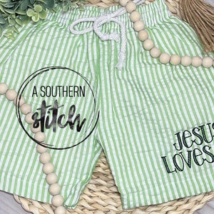 Monogrammed Swim Trunks | Toddler Boy Seersucker Swim Trunks | Jesus Loves Me | Embroidery | Summer | Monogram