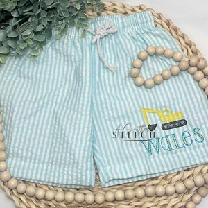 Monogrammed Swim Trunks | Toddler Boy Seersucker Swim Trunks | Excavator | Embroidery | Summer | Monogram