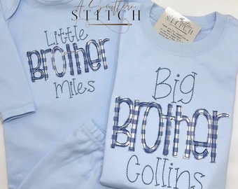 Big Brother Little Brother Gingham Shirt & Gown | Baby Announcement | Siblings | Appliqué | Monogram