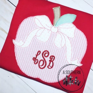 Zurück zu Schule Shirt | Rosa Seersucker Apfel Applikation | Rüschen-Shirt | Apfel mit Schleife