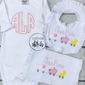 Girl or Boy Gown, Bib + Burp Cloth Set | Baby Gift |  Monogram | Baby Set
