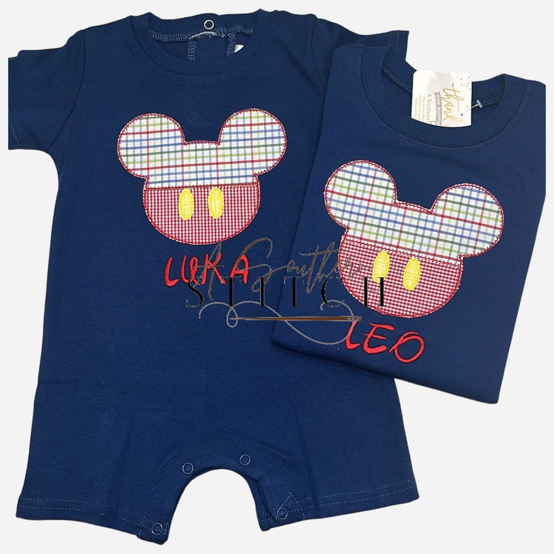 Primary Plaid Mouse Ears Navy Shirt or Romper Applique