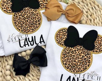 Mädchen Leopard Maus mit Schleife Applikation Shirt | Leopard Print Stoffapplikation