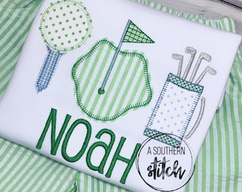 Golf Trio Appliqué | Seersucker Golf Shirt | Romper | Short Set | Daddy’s Caddy | Golfing | Summer