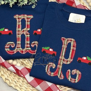 Christmas Letter Applique Monogram | Mini Embroidery | Holiday Shirt | Christmas Tree Truck