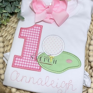 Girl Gingham Hole in One Party | First Birthday | Golf Birthday Applique | Custom Birthday Shirt | Birthday Shirt | Pink Golf Balls