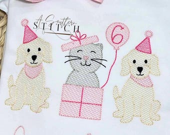 Cat & Welpe Geburtstags-Trio Shirt | Welpen Skizze + Luftballons | Mädchen-Tierparty