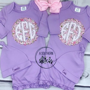 Ruffle Gown + Hat Set | Baby Gift |  Monogram ~ Floral Applique | Custom