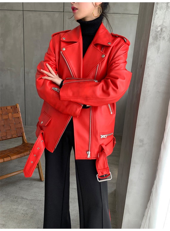 vintage red faux leather biker jacket - image 4