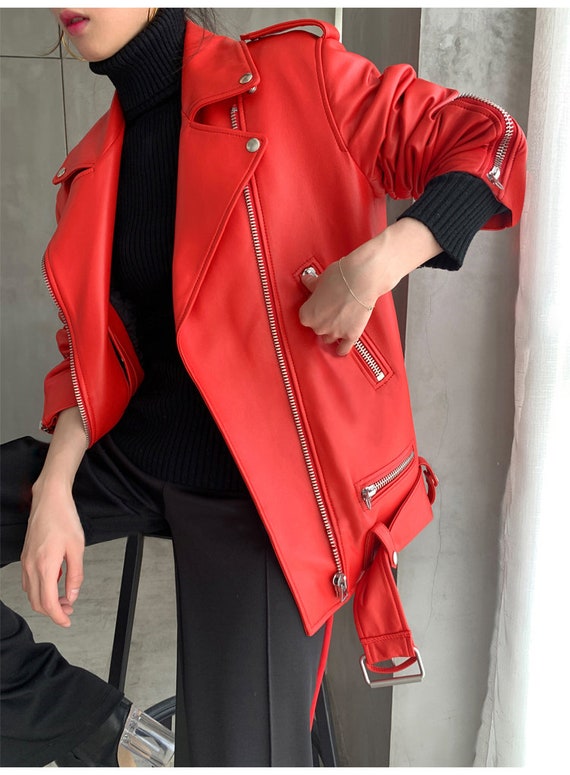 vintage red faux leather biker jacket - image 5