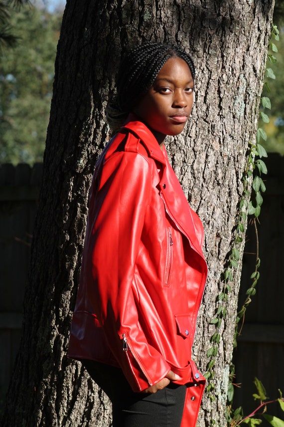 vintage red faux leather biker jacket