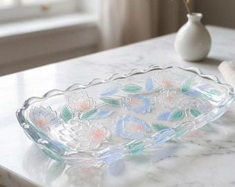 Vintage Crystal Clear Studios Japan Glass Tray – Blue Frosted Chrysanthemum Lotus Pattern – Pastel Floral Vanity Tray 15”