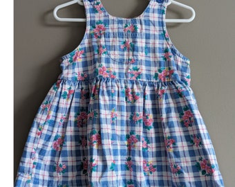 Vintage Babycrest Cotton Blue and Pink Plaid Floral Jumper Dress Sz 18 mos