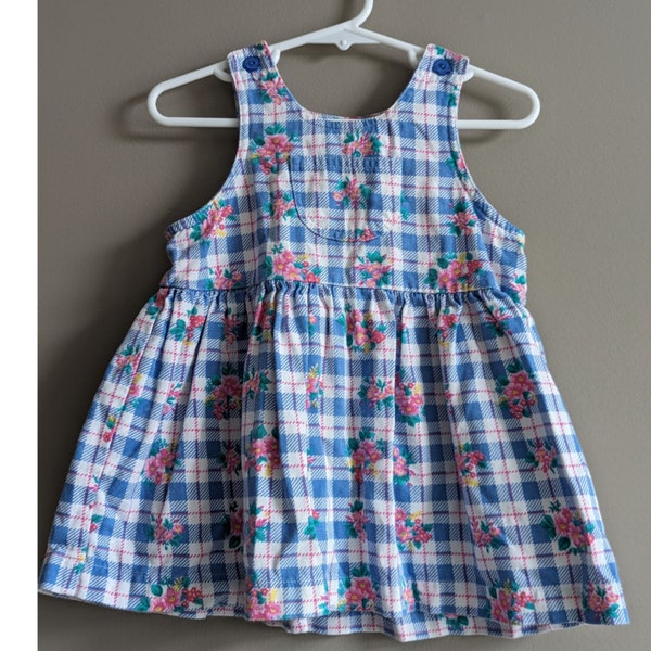 Vintage Babycrest Cotton Blue and Pink Plaid Floral Jumper Dress Sz 18 mos