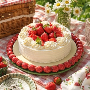 May include: A round white cake topped with fresh strawberries and whipped cream swirls. The cake sits on a green plate surrounded by strawberries, set on a red and white checkered tablecloth, suggesting a picnic setting.