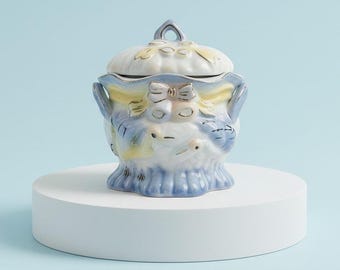 Vintage Porzellan Kranich Trinket Box | 1970er Jahre Pastellblaue Deckeldose | Landhaus Waschtisch Dekor
