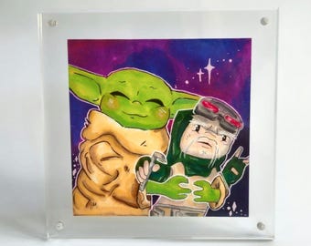 Dipinto originale di Grogu e Babu Frik, fan art in acrilico con cornice flottante / Firmato. Opera d'arte di Star Wars mandaloriana.