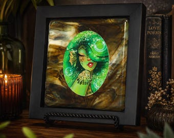Original Framed Mermaid Mixed Media Art | Hand-Poured Acrylic and Hand Drawn Siren