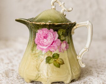 Antique Bavarian Hand Painted Rose Creamer with Lid | Art Nouveau Porcelain