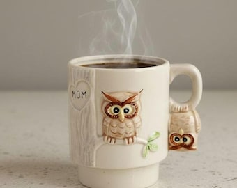 Vintage Enesco Owl Mug (1980s) — 3D Ceramic “Mom” Coffee Cup with Owl Handle