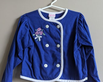 Vintage Carter's Blue Rose Bouquet Cardigan White Trim Buttons Sz 3T EUC