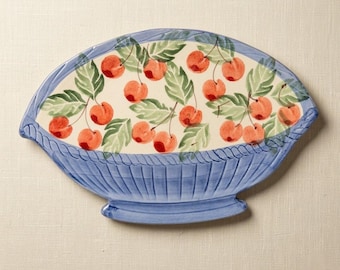 Vintage Italian Ceramic Trivet – Hand Painted Blue Basket with Red Cherries – Signed Kitchen Decor