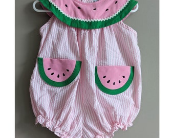 Vintage Babycrest Watermelon Seersucker Bubble Romper sz 18 mos EUC