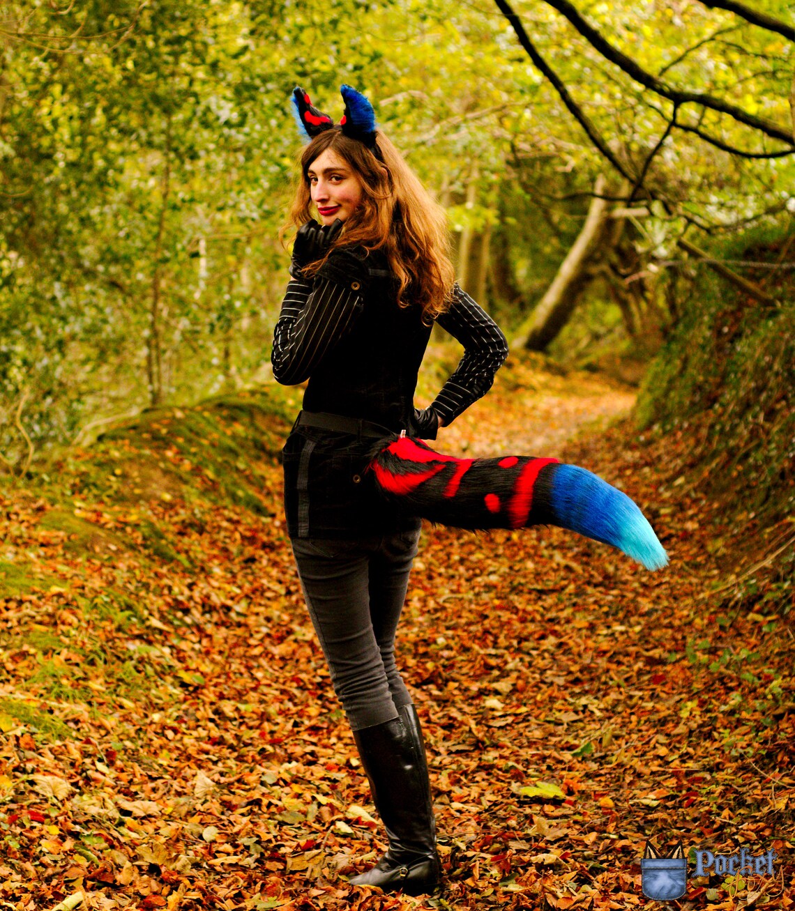 Kitsune Ears & Tail Set Black Red Blue Wolf Ear Headband 30 | Etsy