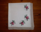 Shabby Chic Cross Stitch Roses Tablecloth - 1950 39 s Embroidered Pink Flowers Tablecloth Linen - Vintage Cross Stitched Crocheted Table Linen