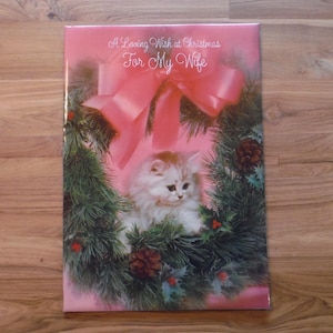Meilleure grande carte de Noël vintage pour femme - carte de Noël rétro modèle de mari - grande carte de Noël éphémère en vinyle pour femme chaton des années 70