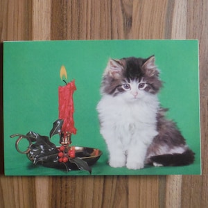Cartão de Natal de gatinho vintage dos anos 70 - Cartão de Natal de gato gatinho de Natal vintage Kitschy dos anos 70 - Coisas efêmeras do diário de lixo de Natal dos anos 70