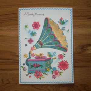 Carte de rétablissement vintage des années 1960 - carte musicale fantaisiste en relief des années 60, carte de récupération rapide - album de scrapbooking éphémères « Get Well » des années 60