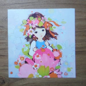 Vintage carte de jardin de fleurs lunatique fille - carte de fleurs mignon fille Mod des années 1970 - carte vierge Flower Power Girl des années 70 pour album de scrapbooking éphémères
