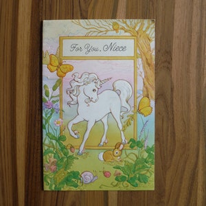 carte d'anniversaire nièce licorne vintage - carte de joyeux anniversaire nièce lapin licorne mignon des années 1980 - voeux d'anniversaire nièce vintage éphémères