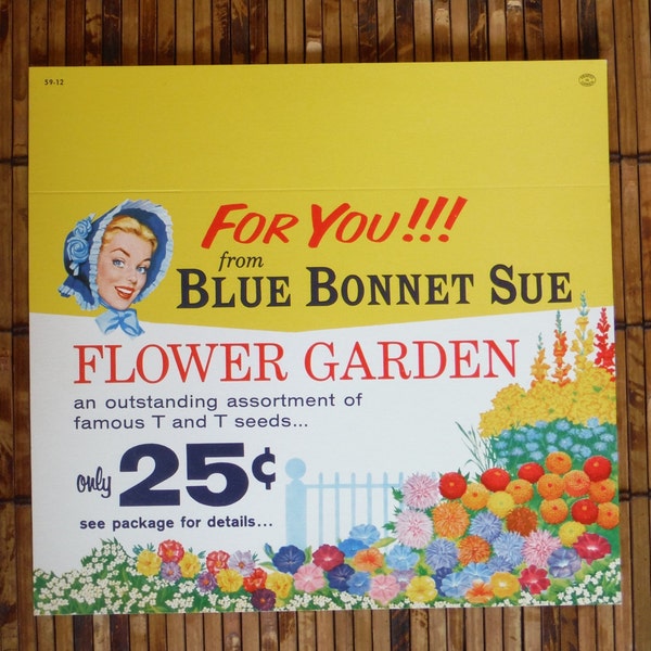 Vintage 1950's Blue Bonnet Flower Seeds Advertising Card - Vintage Original '50's Flower Advertisement - '50's Gardening Flower Seeds Sign