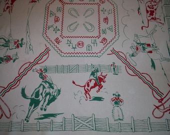 Fantastic 1940's Cowboys Western Printed Tablecloth - Vintage Cowboy Rodeo Bucking Bronco Print Tablecloth - '40's Cattle Brands Tablecloth