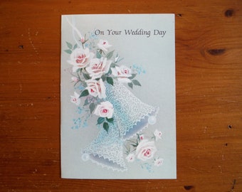 Vintage 1970&#39;s Wedding Card - Shabby Chic &#39;70&#39;s Wedding Bells Congratulations Card - Vintage Wedding Card Junk Journal Ephemera