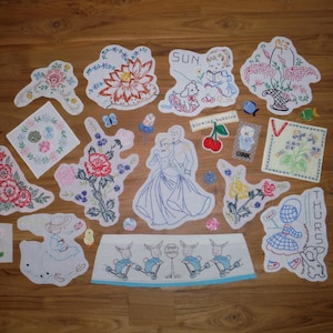 27 Vintage Embroidered Linen Pieces - Embroidered Days of Week Bunny Rabbit Fruit Dancing Couple Linens Lot - Vintage Embroidery Patches Lot